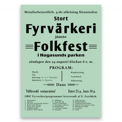 Juliste Stort Fyrvärkeri jämte i Hagasund parken (1910-luku)