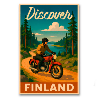 Vintagejuliste Discover Finland moottoripyörä