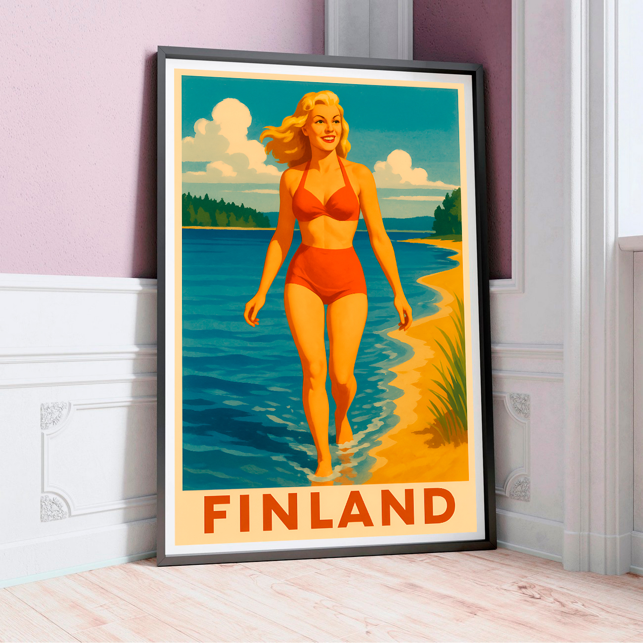 Visit Finland travel poster Finland lake beach view 5-5