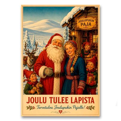 Juliste Joulu tulee Lapista - Tervetuloa Joulupukin pajalle