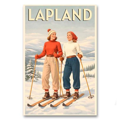 Juliste Hiihtäjät Lapin maisemissa