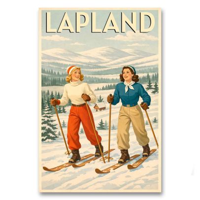 Juliste Kaksi naista hiihtämässä Lapin maisemissa