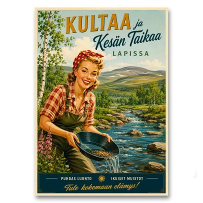 Juliste Kultaa ja kesän taikaa Lapissa
