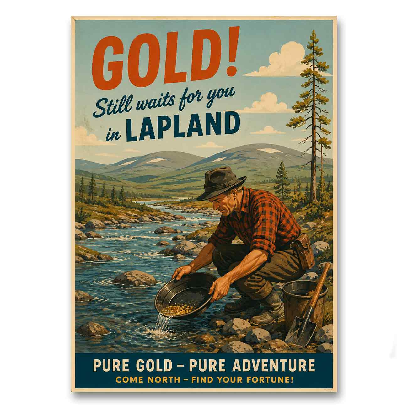 Juliste matkailu Lappi kullanhuuhdonta LÖ 50×70 70×100-5a