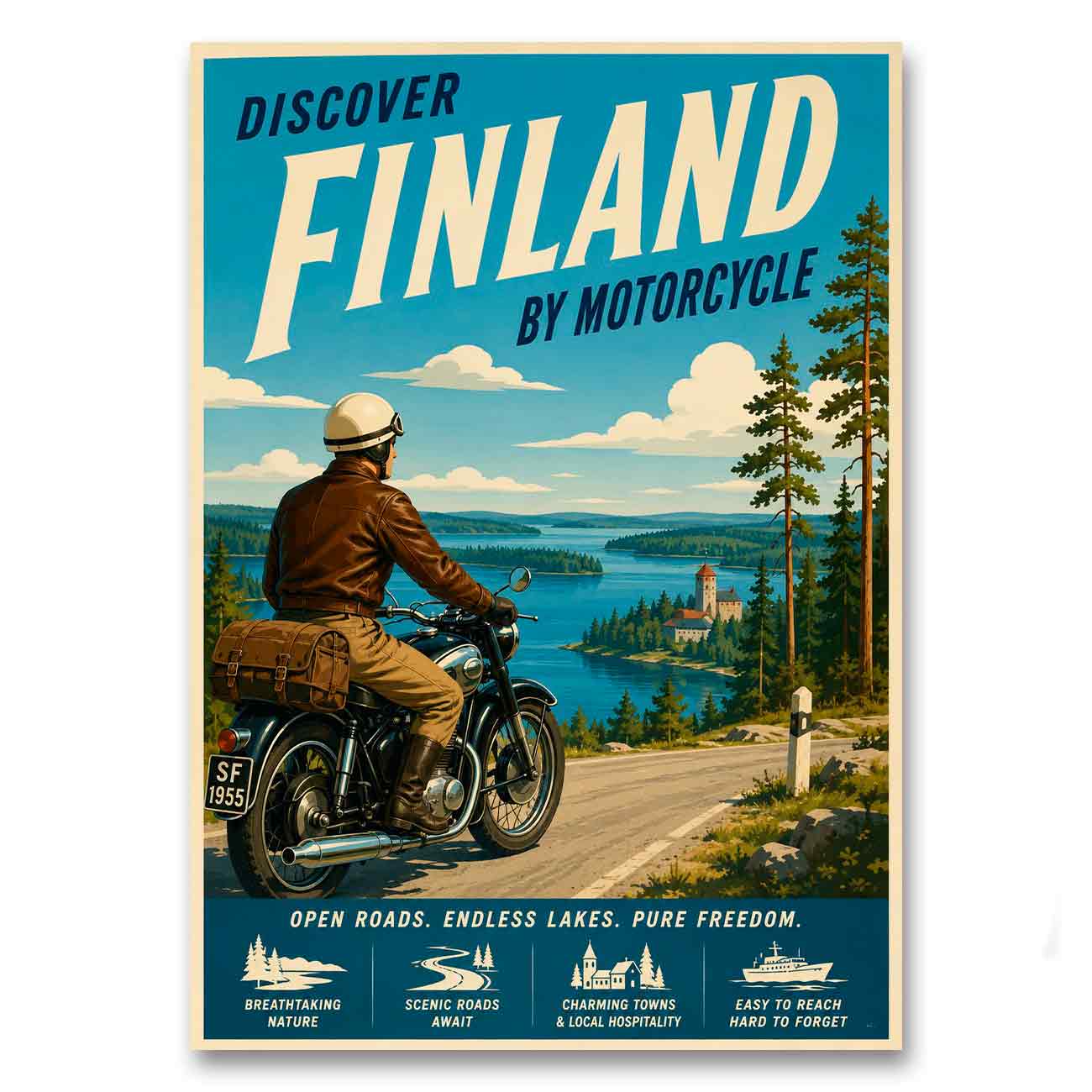 Juliste matkailu Suomi moottoripyöräily LÖ 50×70 70×100-1a