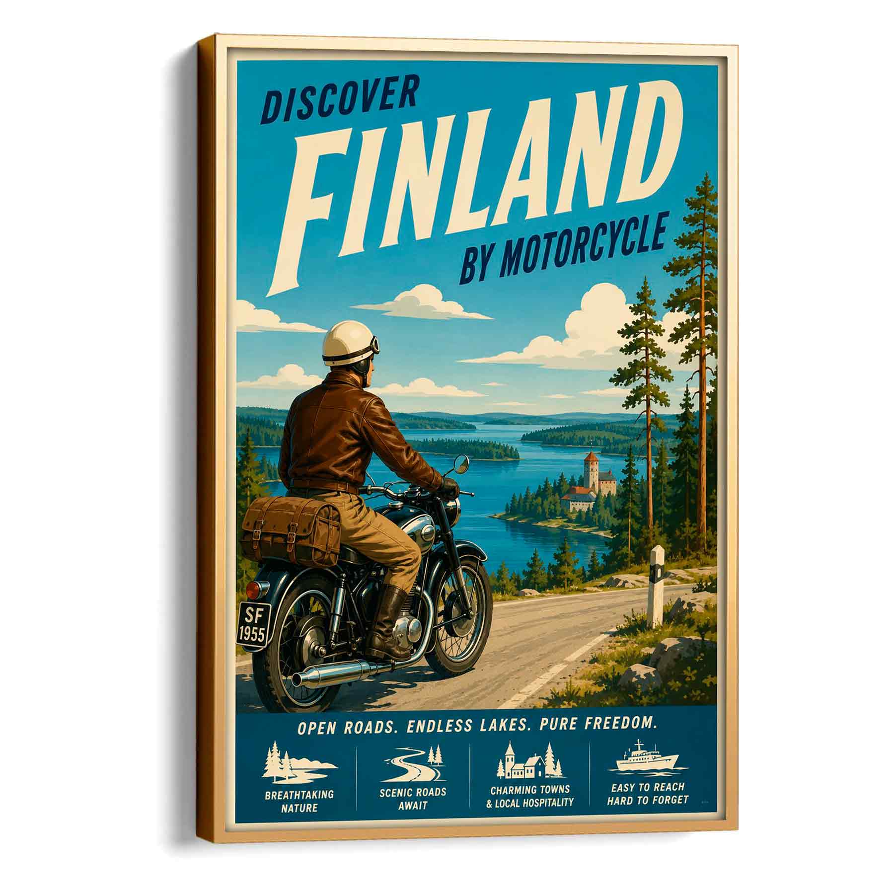 Juliste matkailu Suomi moottoripyöräily LÖ 50×70 70×100-1aa