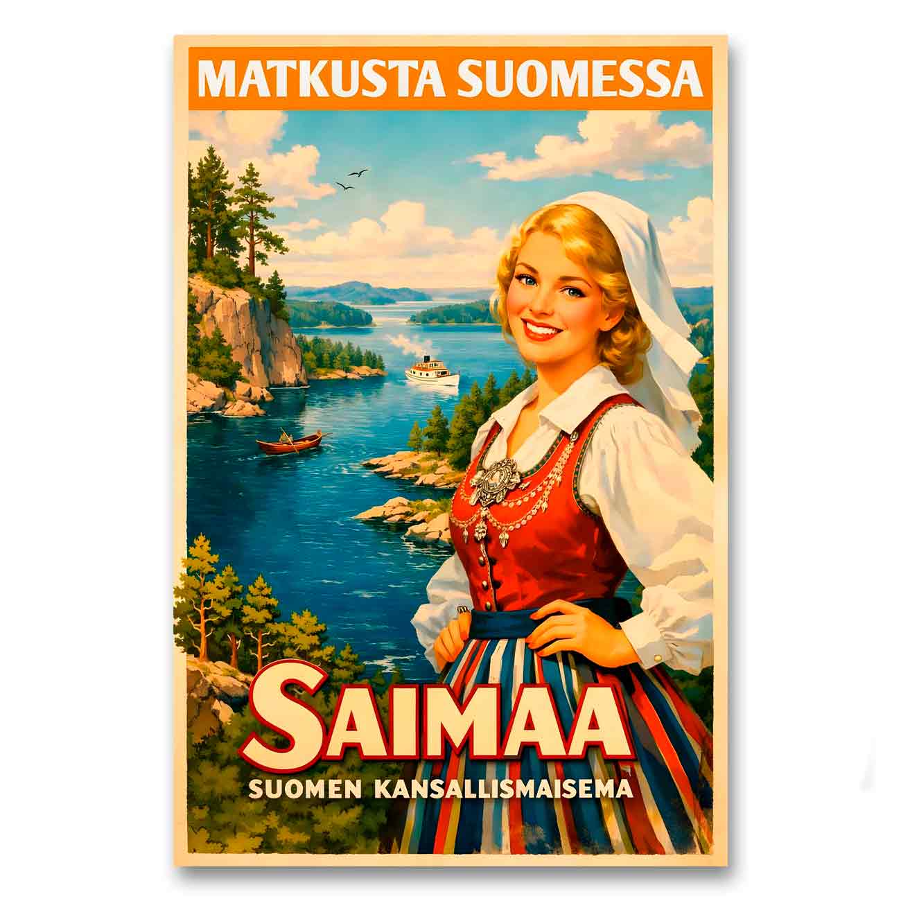 Juliste vintage matkailu Saimaa nainen kansallispuvussa LÖ 50×75 70×105-2a