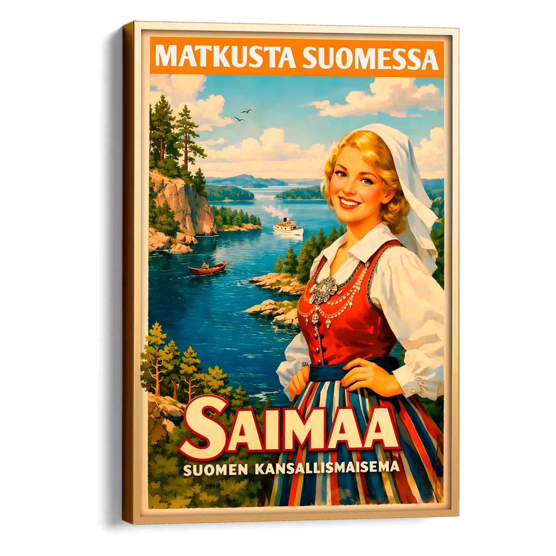 Juliste vintage matkailu Saimaa nainen kansallispuvussa LÖ 50×75 70×105-2aa