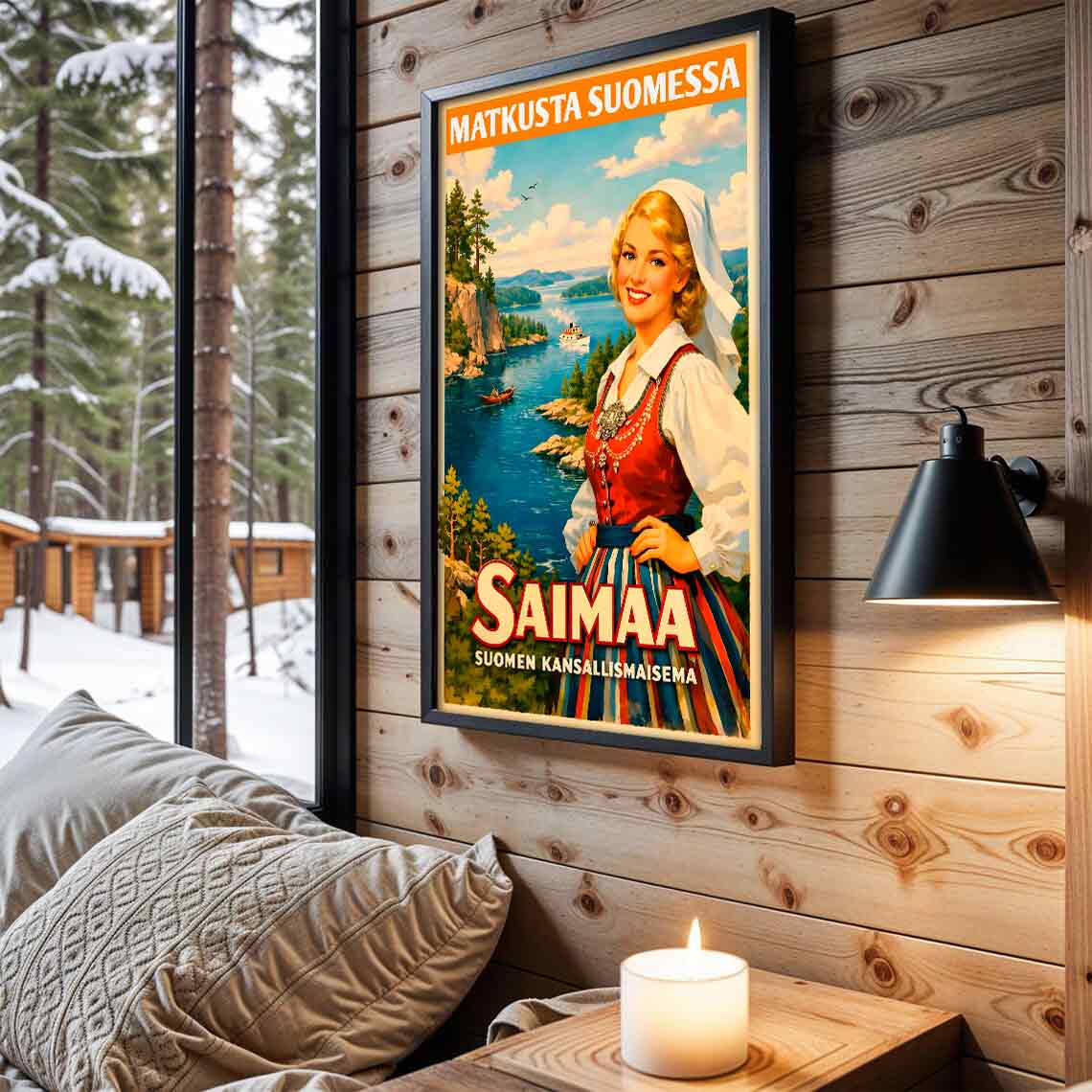 Juliste vintage matkailu Saimaa nainen kansallispuvussa LÖ 50×75 70×105-2aaa
