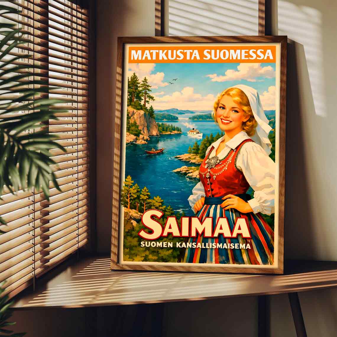 Juliste vintage matkailu Saimaa nainen kansallispuvussa LÖ 50×75 70×105-2aaaa