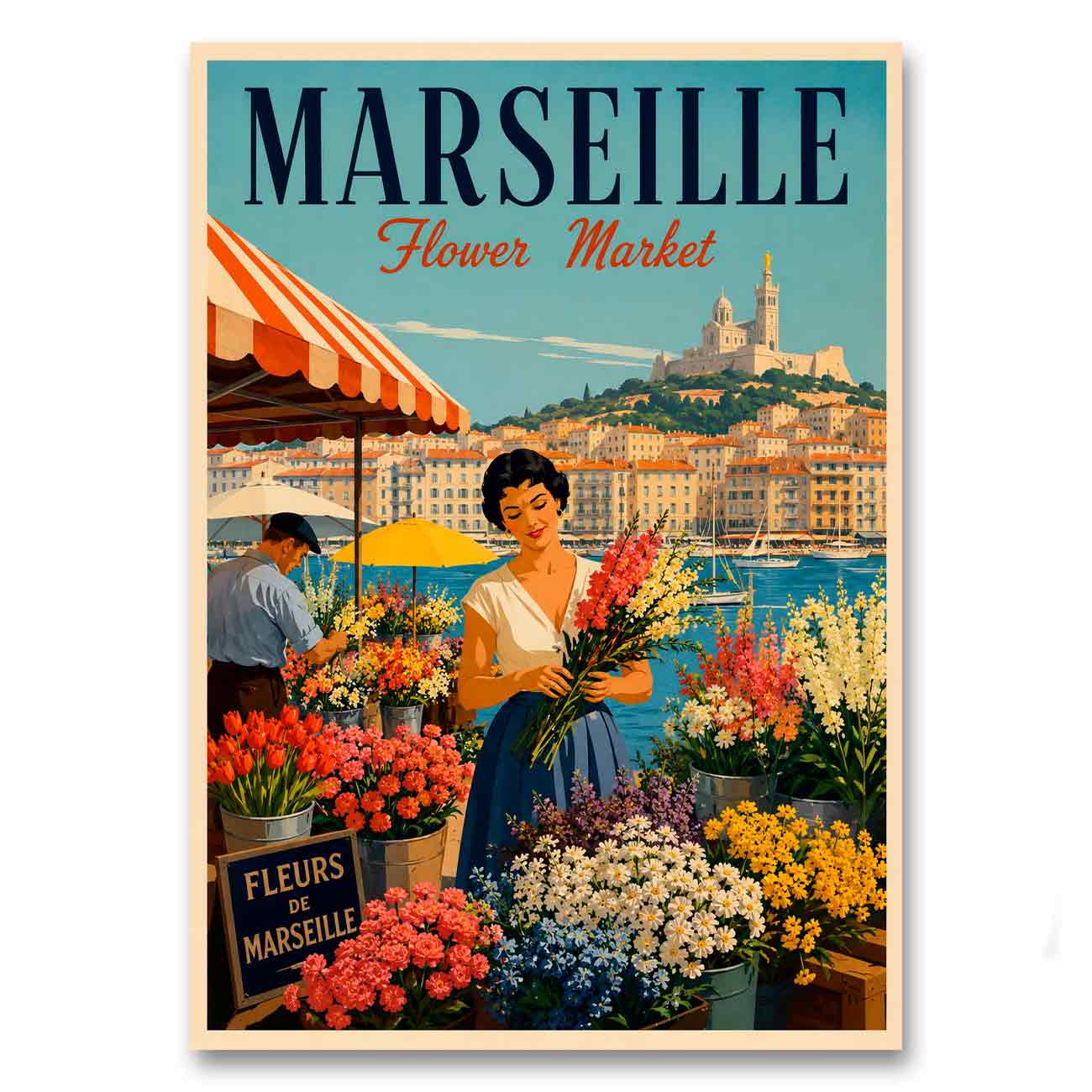 Juliste matkailu Flower market Marseille LÖ 40×55 50×70-1a