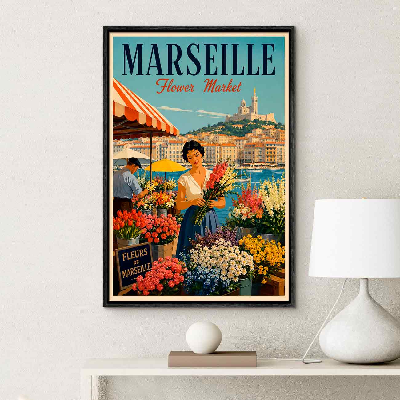 Juliste matkailu Flower market Marseille LÖ 40×55 50×70-1aaa
