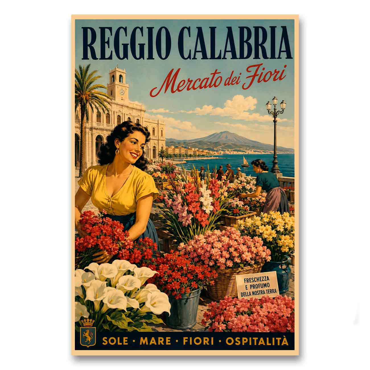 Juliste matkailu Flower market Reggio Calabria LÖ 40×60 50×75-1a