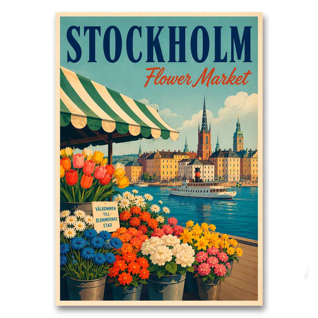 Juliste matkailu Flower market Stockholm LÖ 40×55 50×70-1a