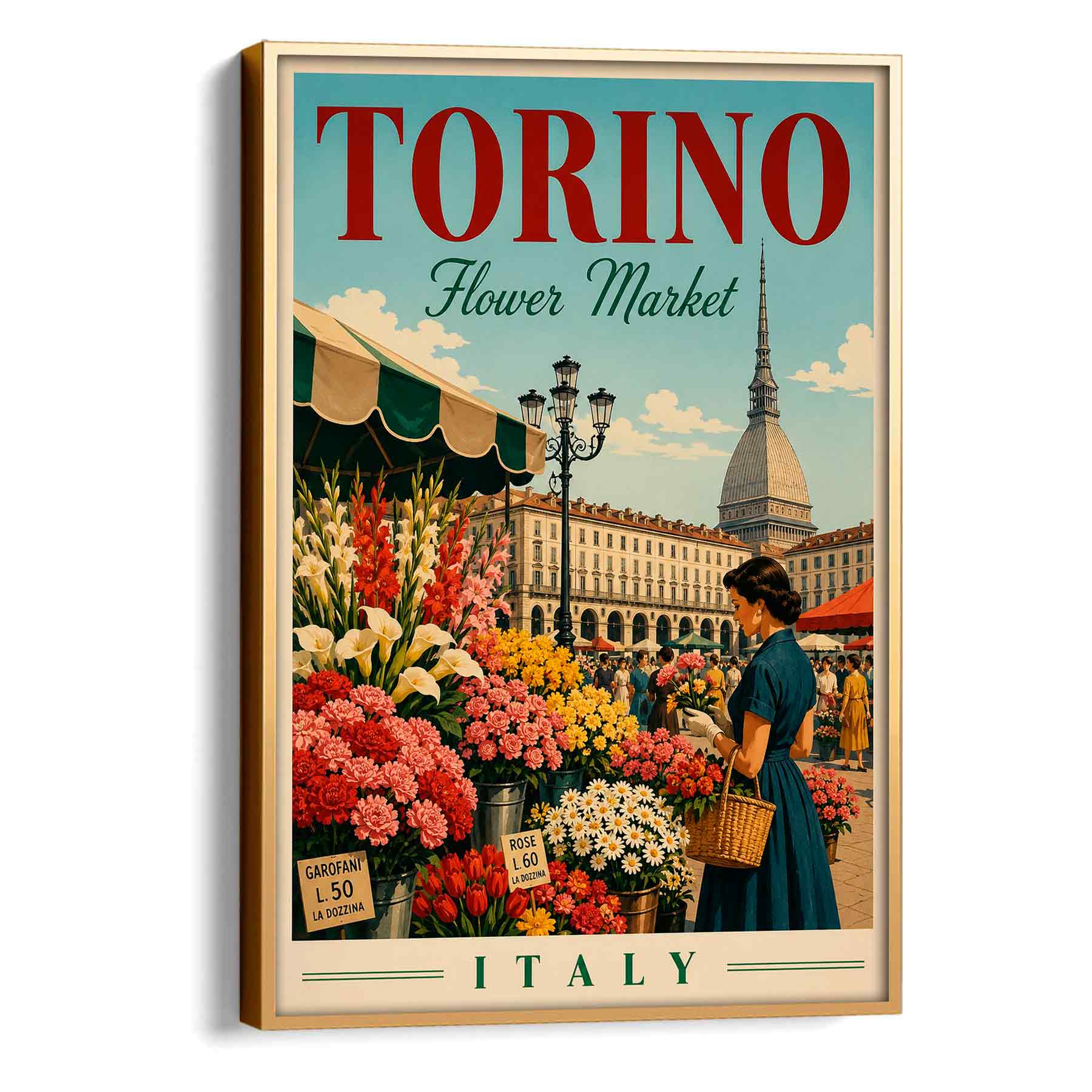 Juliste matkailu Flower market Torino LÖ 40×55 50×70-1aa