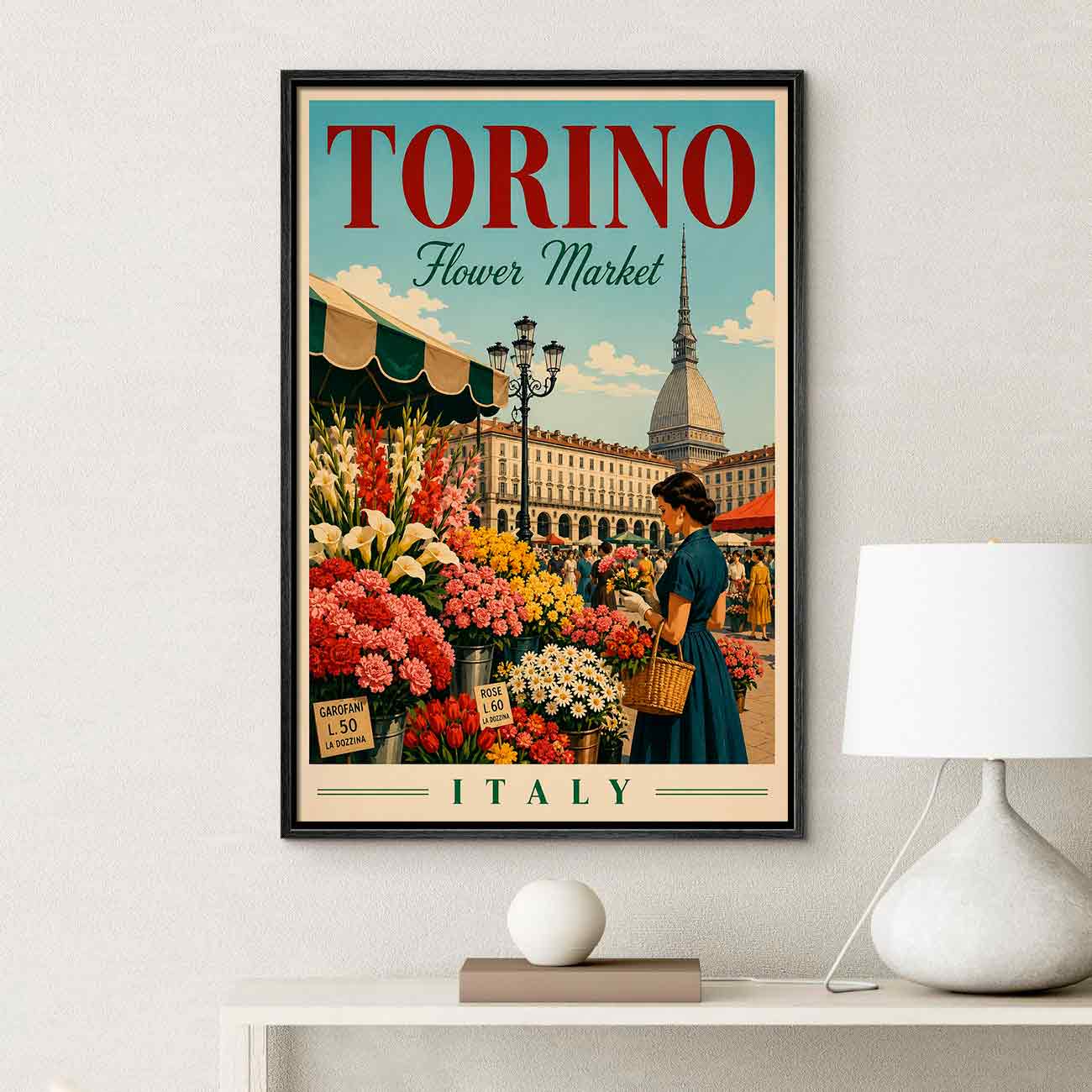 Juliste matkailu Flower market Torino LÖ 40×55 50×70-1aaa