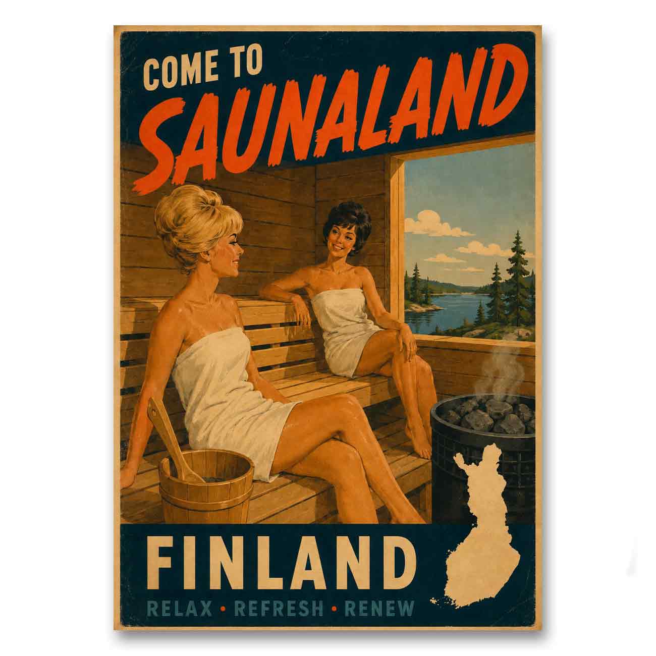 Juliste matkailu Suomi Come to Saunaland LÖ 50×70 70×100-5a
