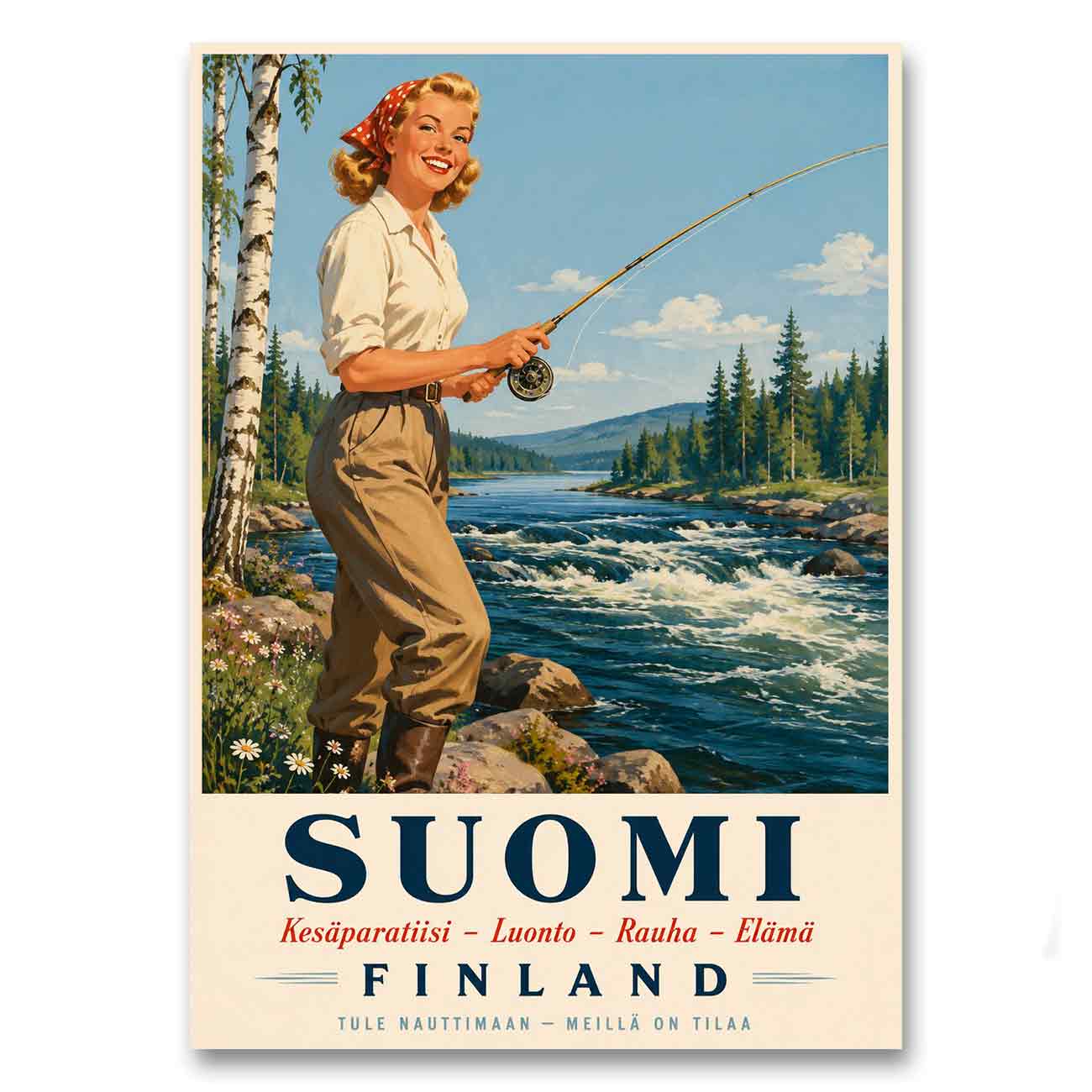 Juliste matkailu Suomi perhokalastus LÖ 50×70 70×100-6a