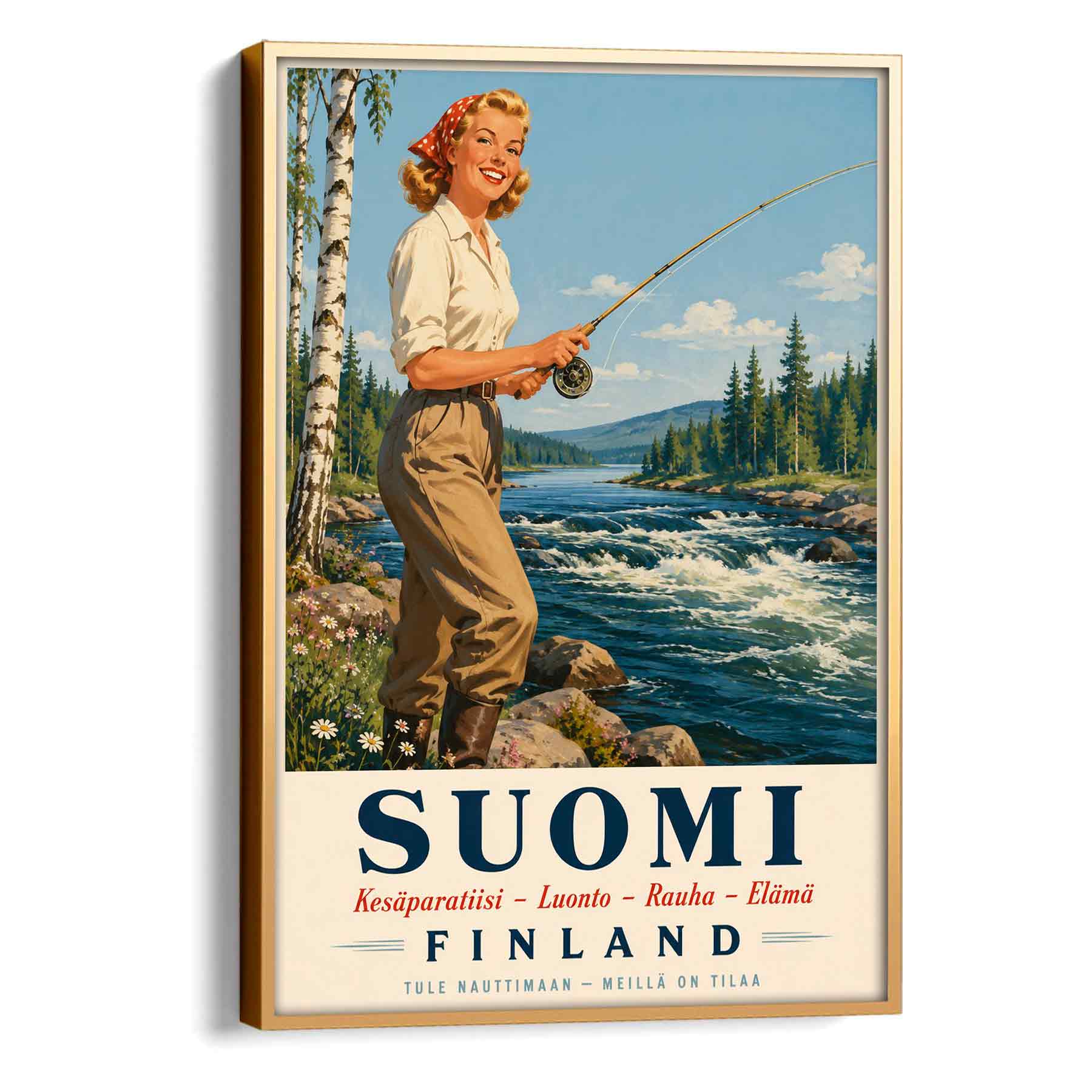 Juliste matkailu Suomi perhokalastus LÖ 50×70 70×100-6aa