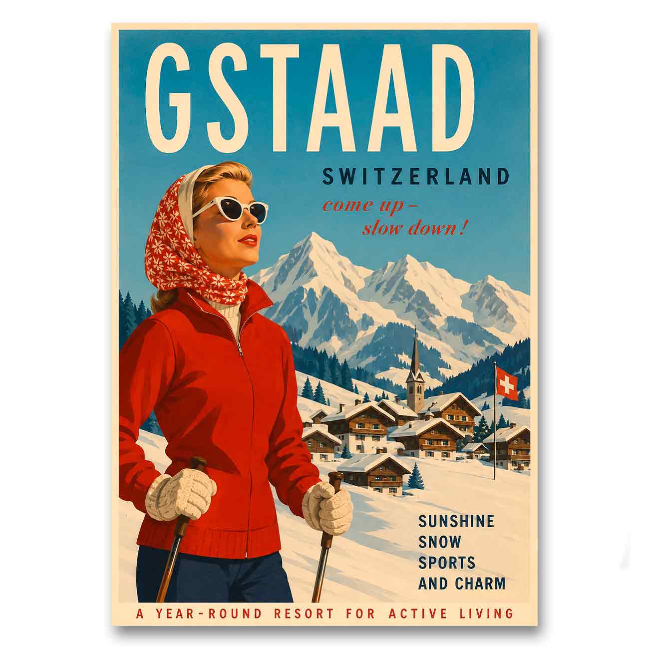 Juliste matkailu Sveitsi Gstaad LÖ 40×55 50×70-2a