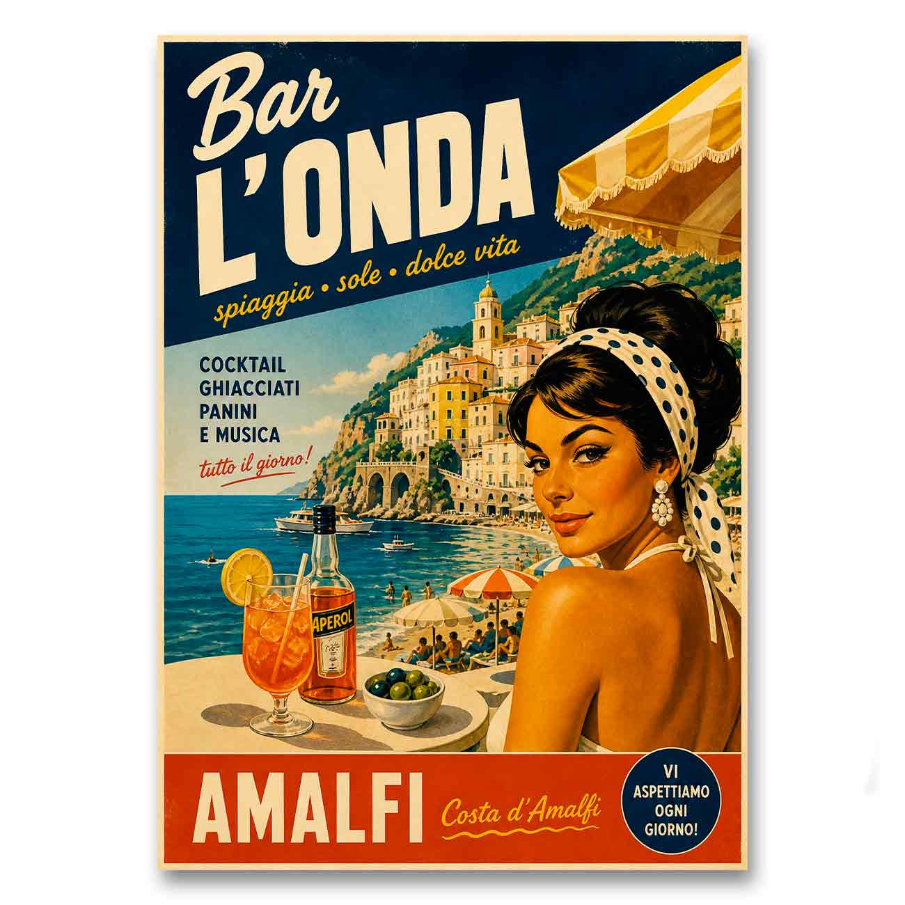 Juliste Matkailu Beach Bar LOnda Amalfi LÖ 50×70 70x100a