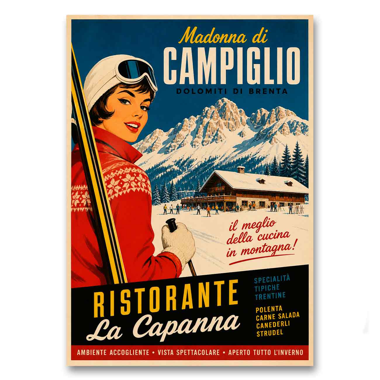 Juliste Ravintola Madonna di Campiglio LÖ 50×70 70x100a
