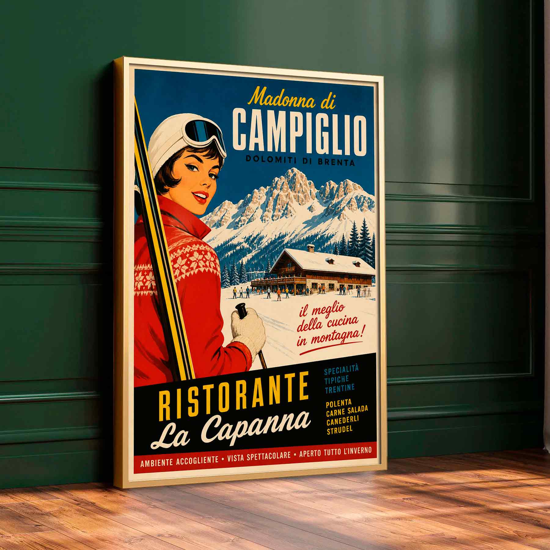 Juliste Ravintola Madonna di Campiglio LÖ 50×70 70x100aa