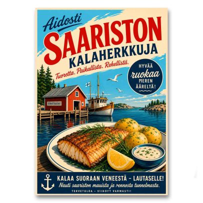 Juliste Aidosti saariston kalaherkkuja