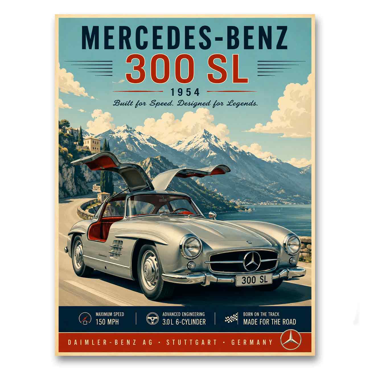 Juliste Mercedes-Benz 300SL – Built for Speed. Designed for Legends.