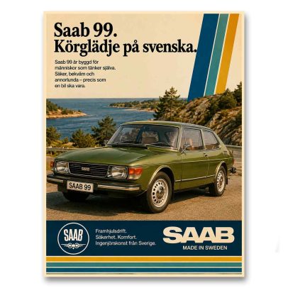 Juliste Saab 99 - Körglädje på svenska