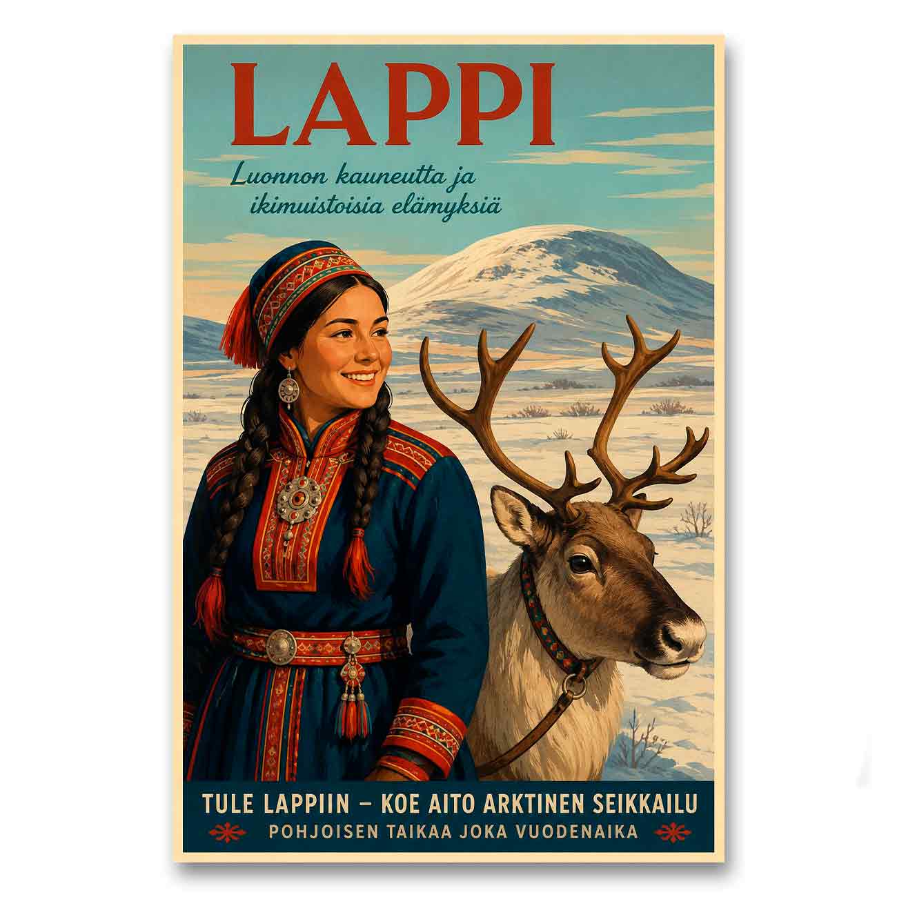 Juliste matkailu Lappi tyttö ja poro LÖ 40×60 50x75a