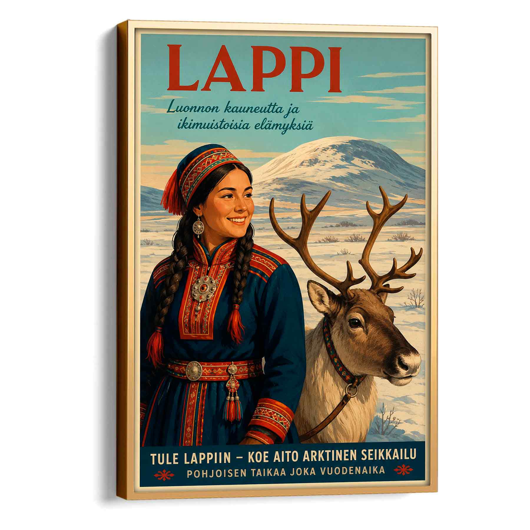 Juliste matkailu Lappi tyttö ja poro LÖ 40×60 50x75aa