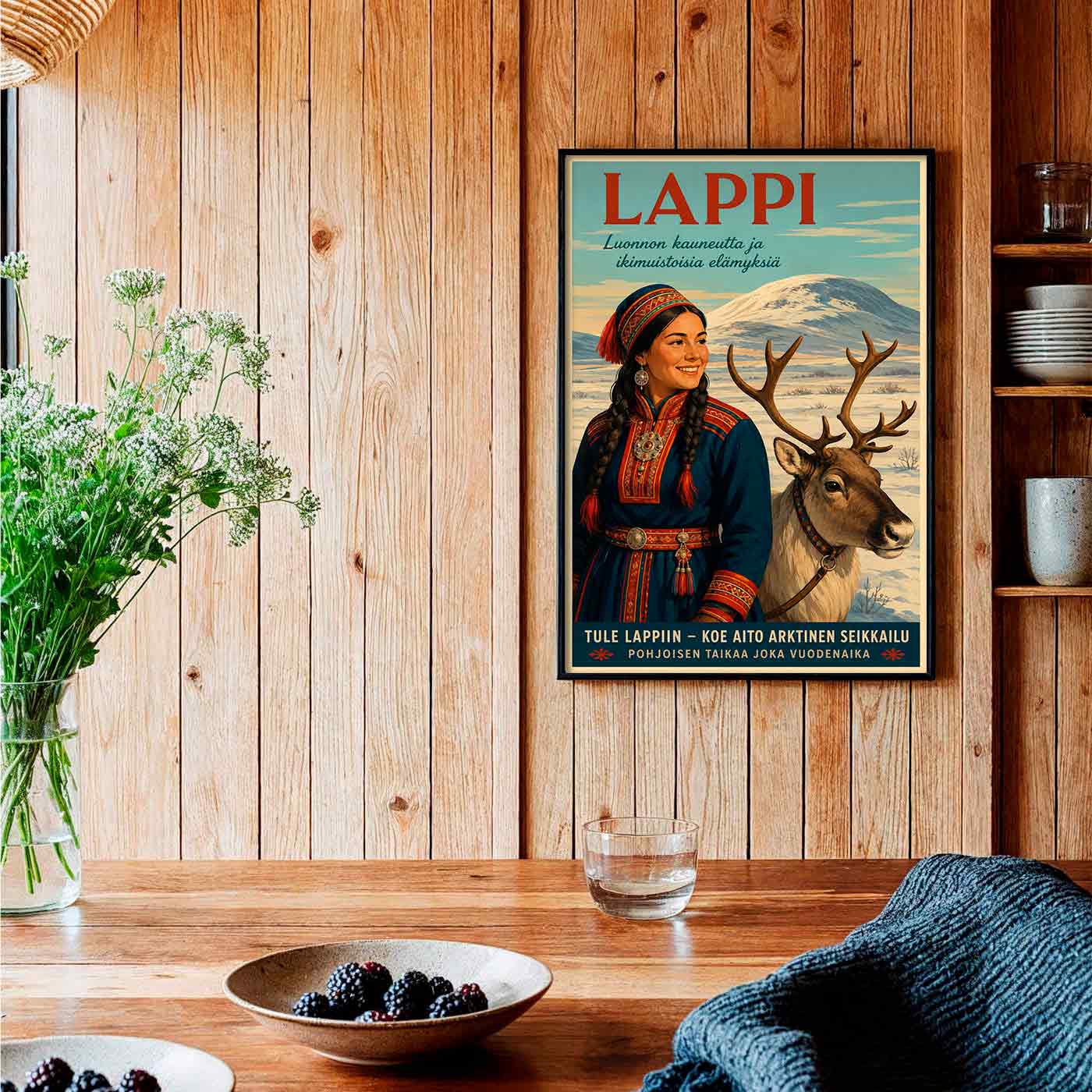 Juliste matkailu Lappi tyttö ja poro LÖ 40×60 50x75aaa