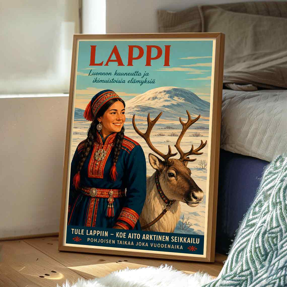 Juliste matkailu Lappi tyttö ja poro LÖ 40×60 50x75aaaa