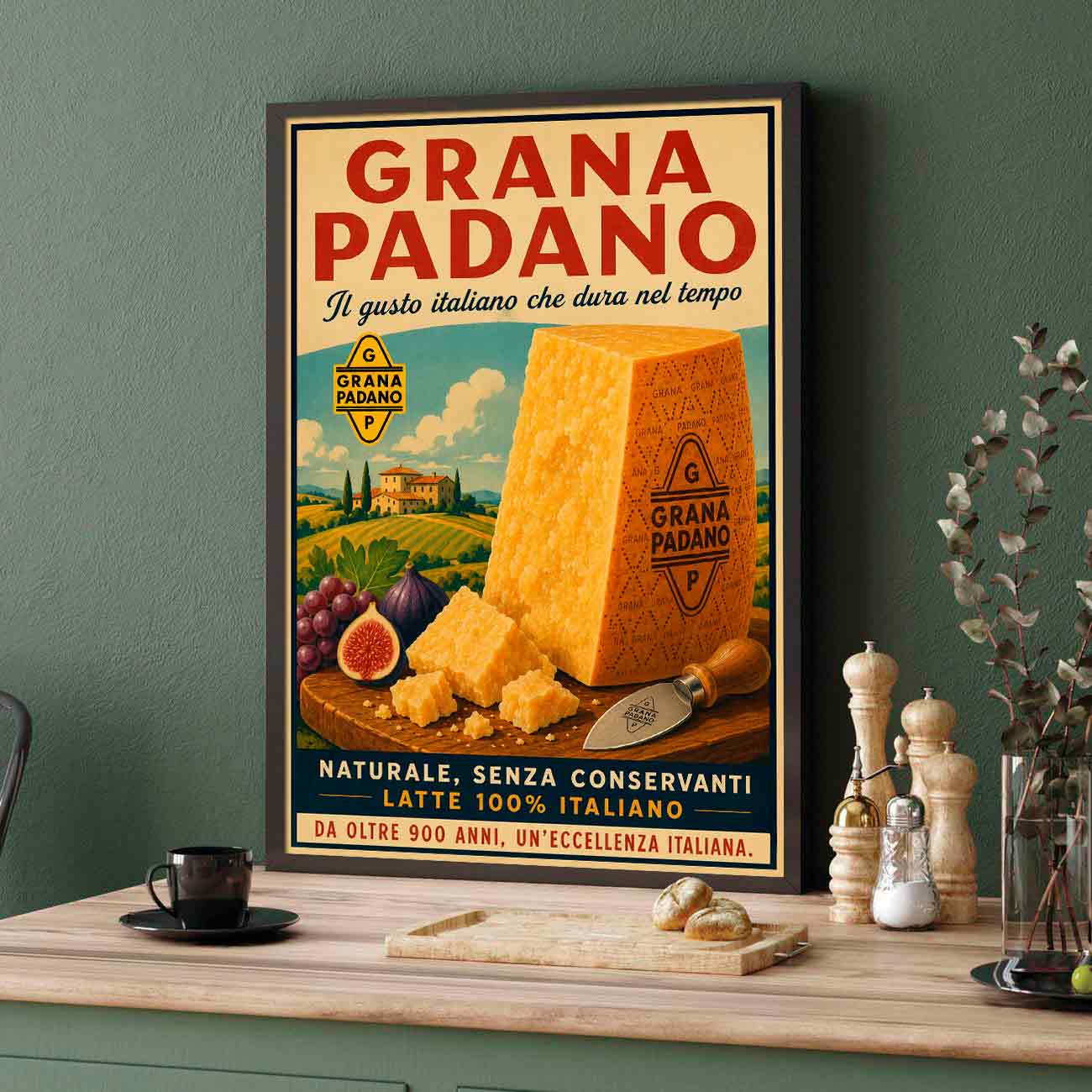 Juliste ruoka juomat juustot grana padano LÖ 40×60 50×75-3aa