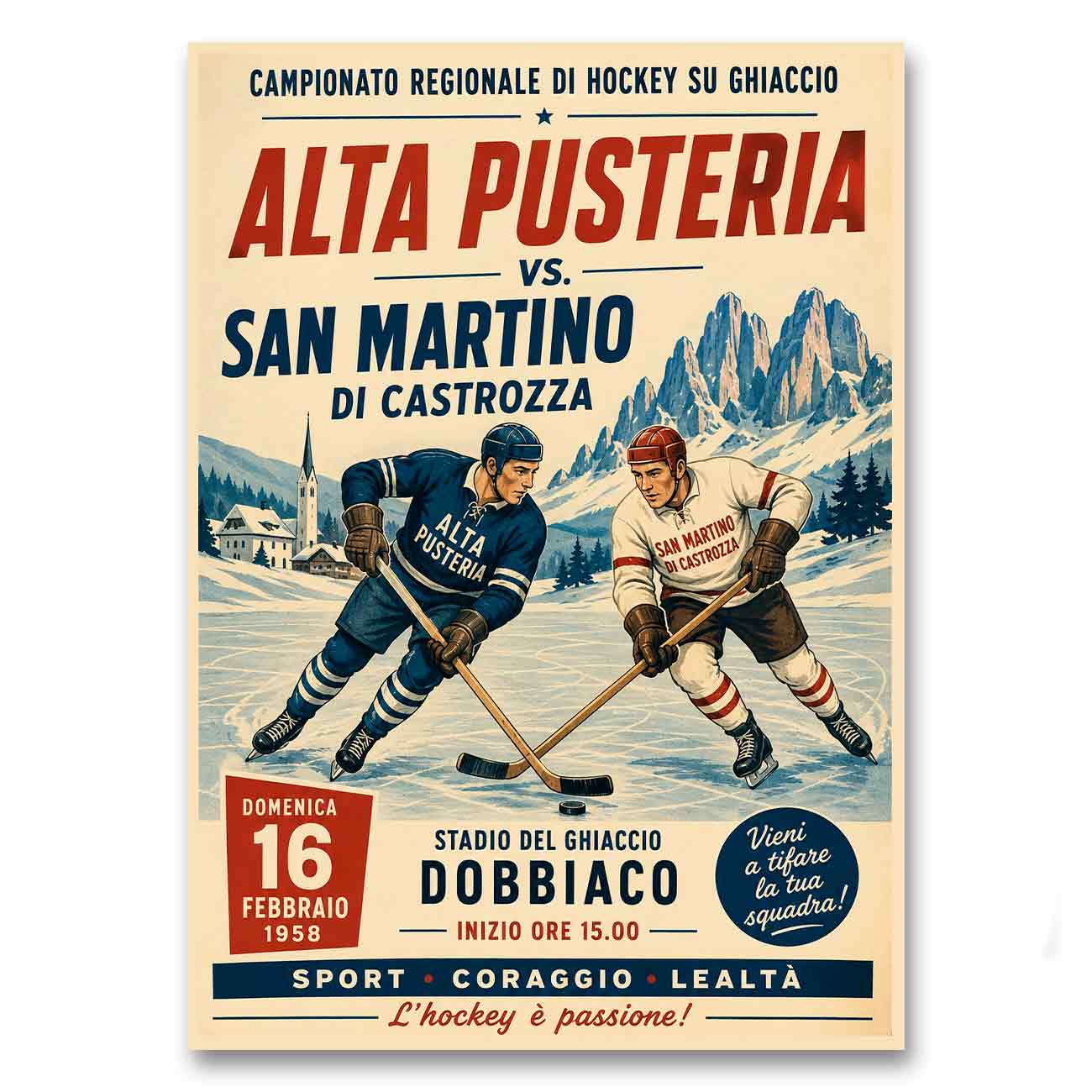Juliste urheilu jääkiekko Italia Alta Pusteria vs San Martino di Castrozza LÖ 50×70 70x100a