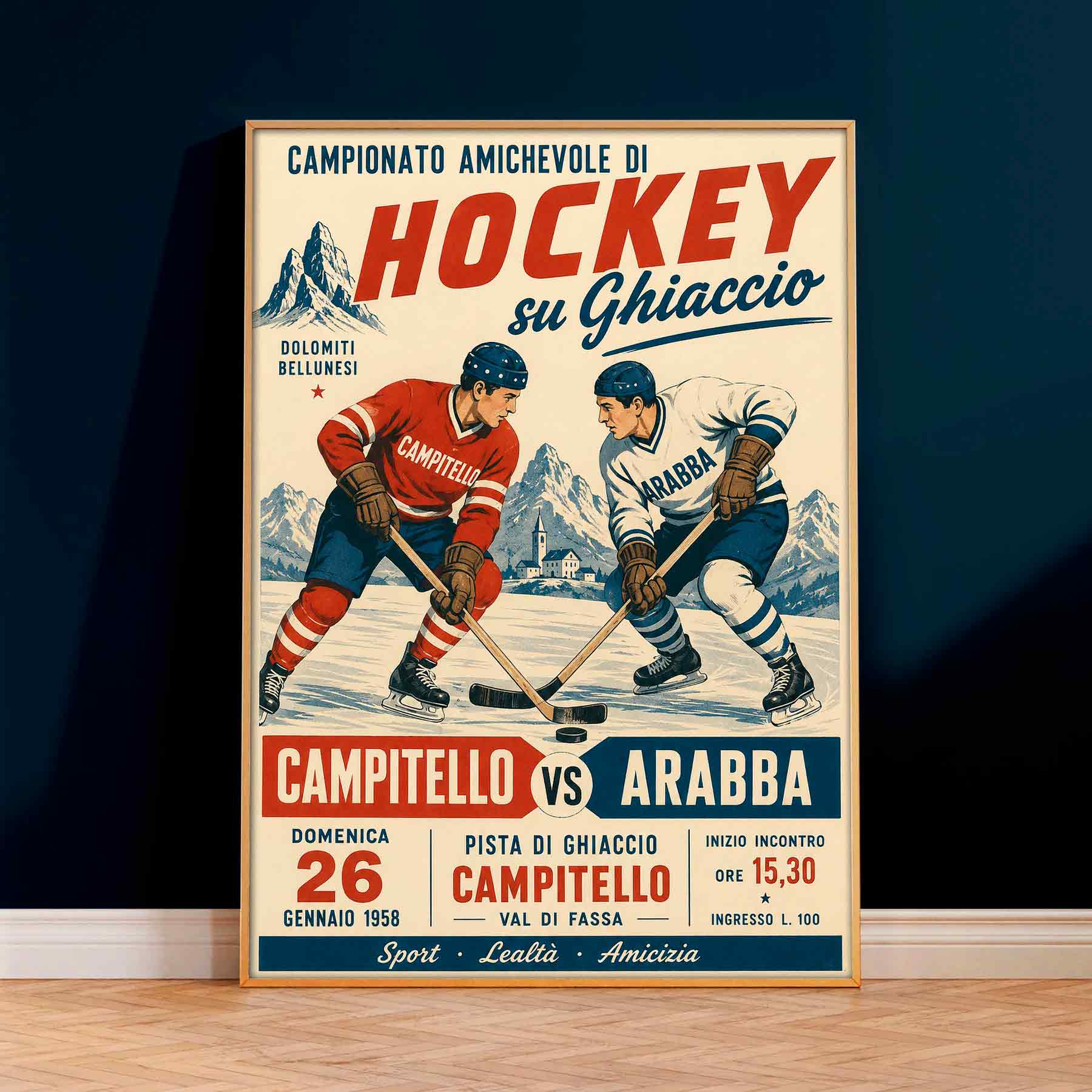 Juliste urheilu jääkiekko Italia Campitello Arabba LÖ 50×70 70x100aaa