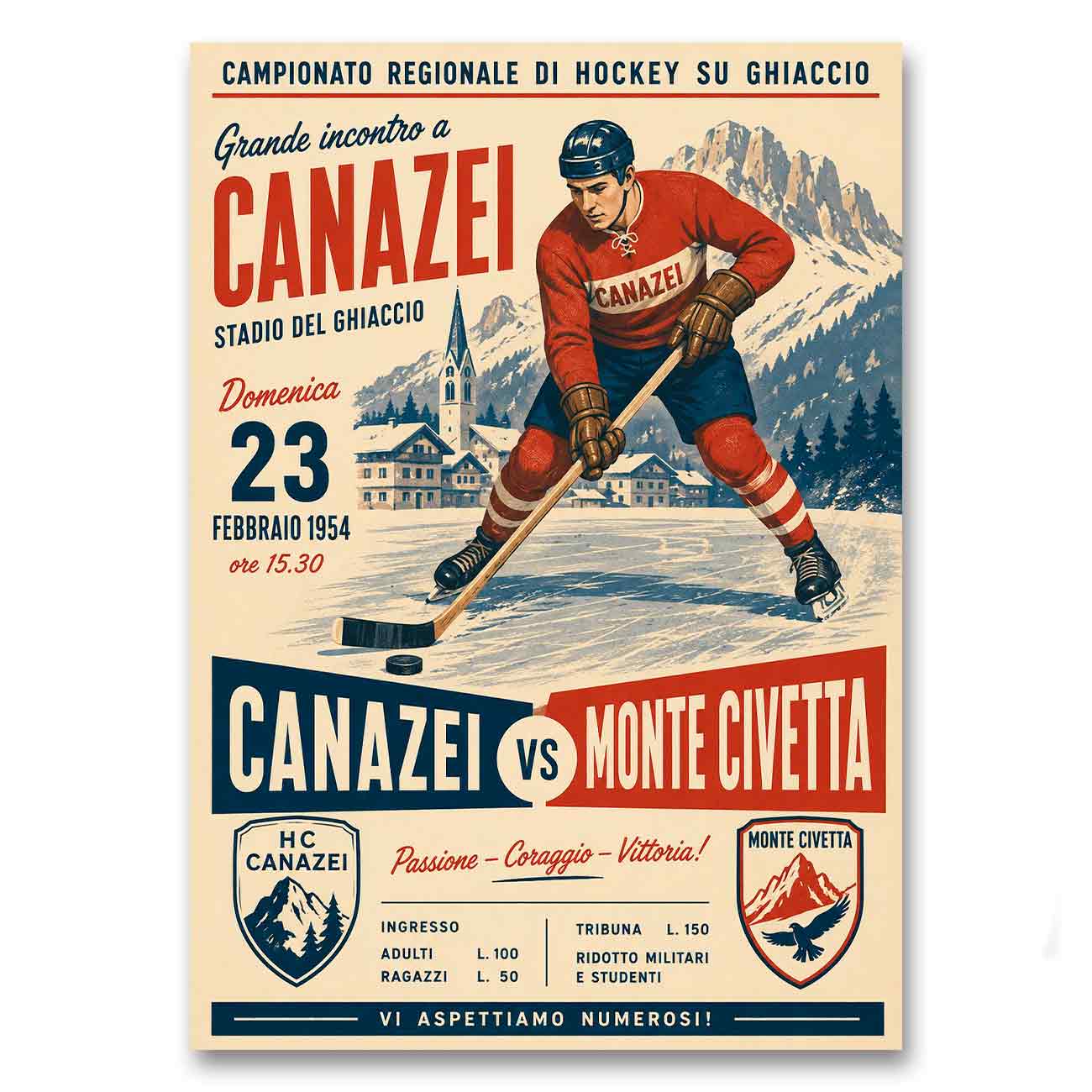 Juliste urheilu jääkiekko Italia Canazei Monte Civetta LÖ 50×70 70x100a