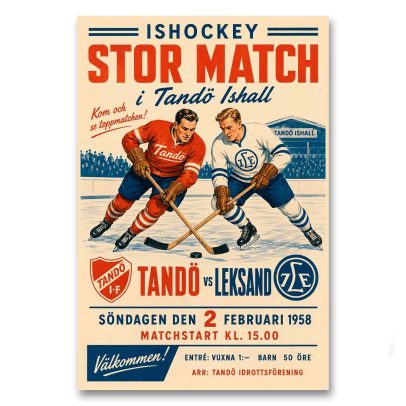 Juliste Tandö vs Leksand ishockey stor match 1958