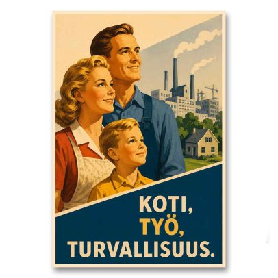 Juliste Koti, työ, turvallisuus